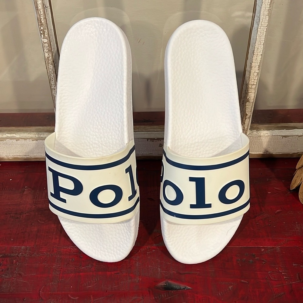 POLO Ralph Lauren Logo Slides White Blue Men’s Sz. 13